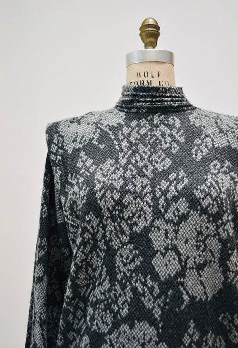 80s Vintage St. John Black Gray Sweater Pull OVer Cashmere Wool Sweater Jumper Floral Jacquard Medium 8 St John Vintage Mock Neck Sweater