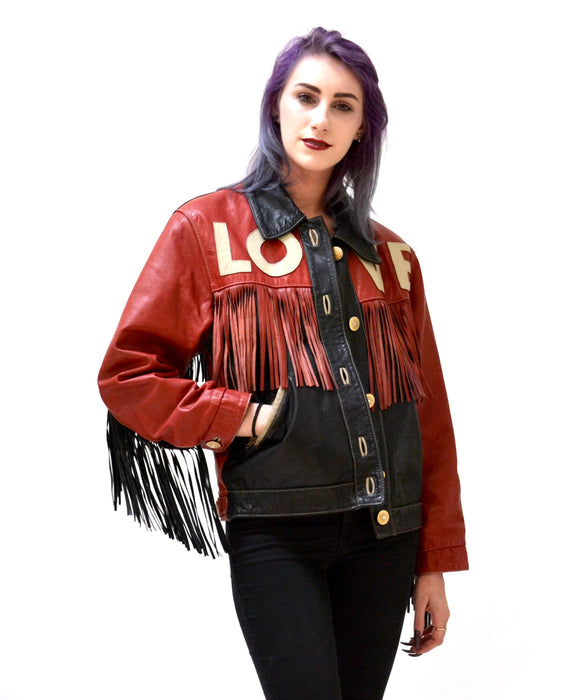 90s Vintage Moschino Leather Jacket Love Fringe Heart Red and Black Navy Moschino Jeans Made In ITaly