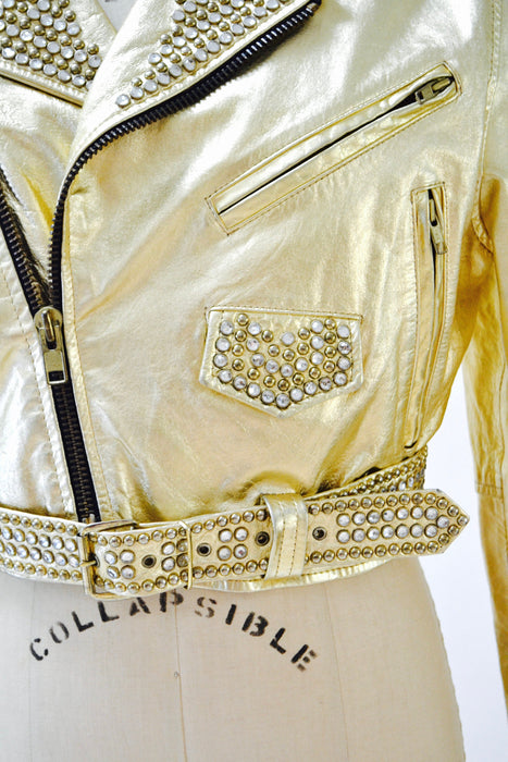 Amazing Vintage Gold Leather Biker Jacket with Rhinestones Gold Studs Large XL// Metallic Studded Gold Leather Moto Jacket LA ROXX
