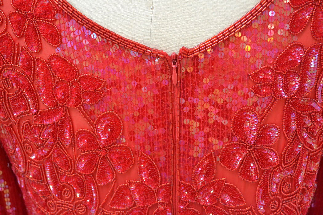 90s Vintage Red Sequin Beaded Dress Evening Gown Medium Large// 80s 90s Glam Red Sequin Long Sleeve Dress Beauty Pageant Showgirl Gown