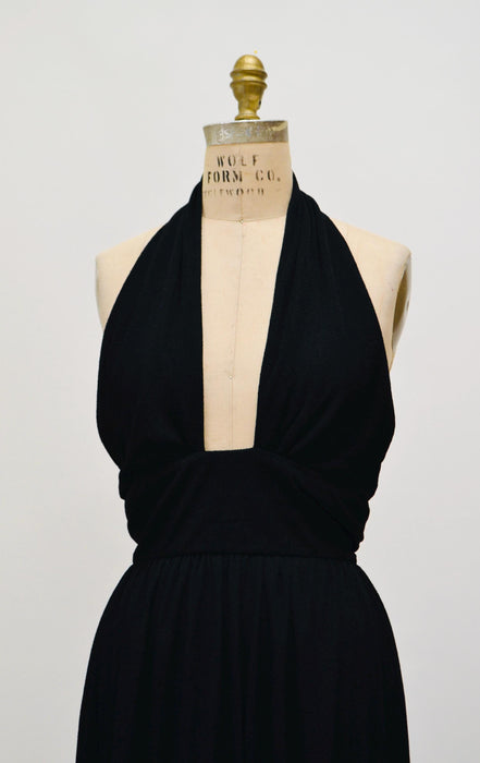 70s Vintage Black Halter Dress Mr Boots XS Small 70s Party long Black Halter Neck Dress 70s Disco Long Black Knit  Plunging neckline Dress
