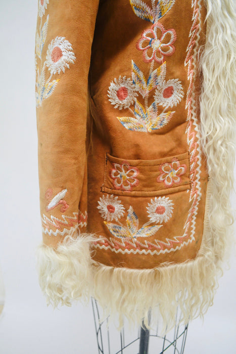 Vintage Embroidered Shearling Afghan Jacket Coat Small Medium//  70s Shearling Coat Embroidered Sheepskin Fur Boho Afghan Jacket
