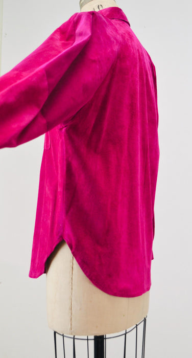 Vintage 90s Bright Pink Leather Shirt Button Down Sueded Leather Shirt Long Sleeve Top Leather Blouse Top Large 90s Pink Fuchsia Suede Shirt