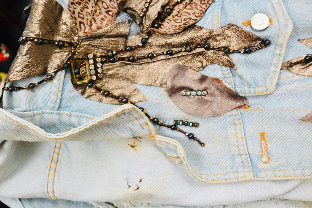 80s Vintage Denim Jacket Leather Rhinestone Medium // 90s 80s  Glam Denim Jean Jacket Womens Beaded Flower Leather Jean Jacket Art to Wear