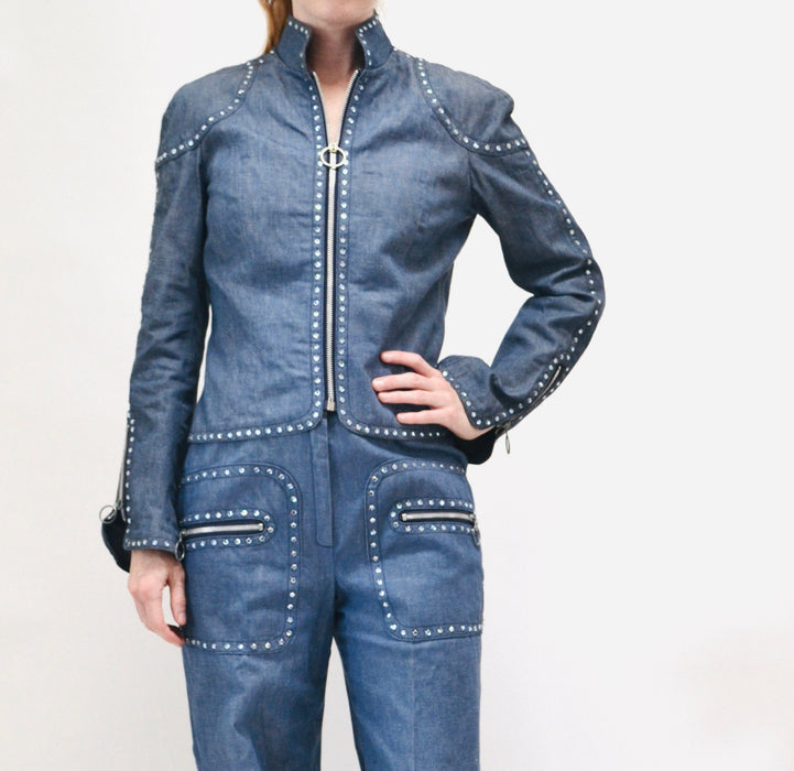 70s Authentic Vintage Rhinestone Denim Jacket shirt Bell Bottom Jeans Pants Set Medium Large by Ayako