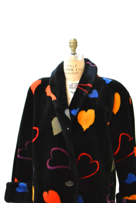 Vintage Black Faux Fur Jacket Coat with Hearts 90s pop art Rainbow Hearts Vintage Donny Brook Black with Hearts Coat Small Medium Gay Pride