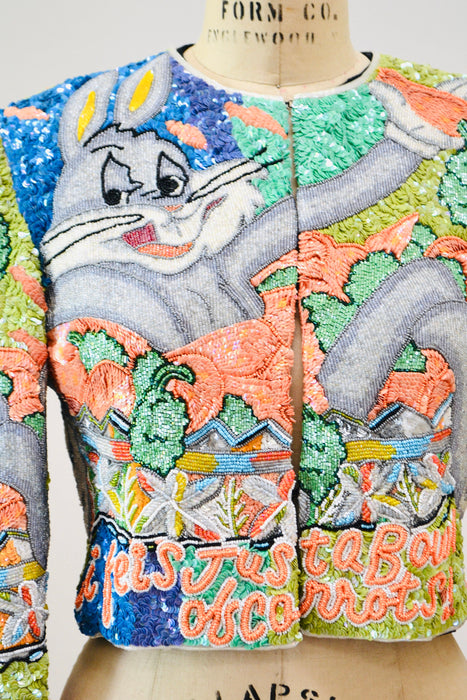 90s Vintage Jeanette Kastenberg Platinum Sequin Jacket Looney Tunes Bugs Bunny Warner Brothers Cartoon Comic Carrot Vegetarian Beaded Jacket