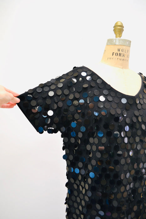 80s 90s GLAM Vintage Black Sequin Shirt Tunic Dress Large Fringe Sequin Beaded Pallet Sequin Top 80s 90s Party Top Cocktail Dress Large