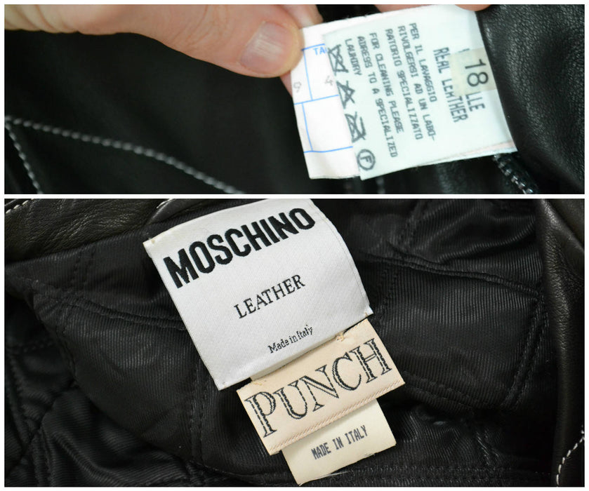 Vintage Black Leather Motorcycle Jacket by Moschino Leather Oops Heart Made in Italy// 90s Black Leather Jacket Biker Medium Large