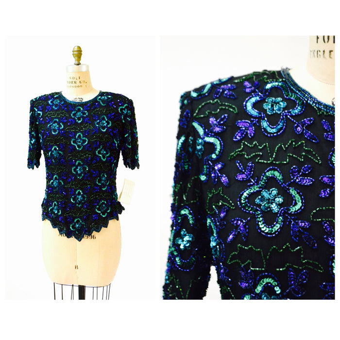 Vintage Black Sequin Shirt top Large XL Black blue beaded shirt // 80s Vintage Metallic Sequin Top Black Art Deco Flapper Laurence Kazar
