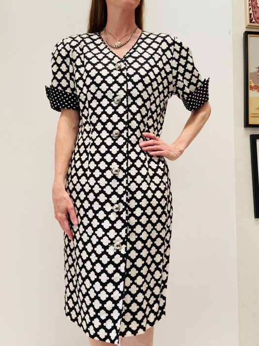 80s 90s Vintage Black White Silk Dress Neiman Marcus// Vintage Silk Shirt Dress Black White Polka Dot Party Silk Conservative Dress Medium