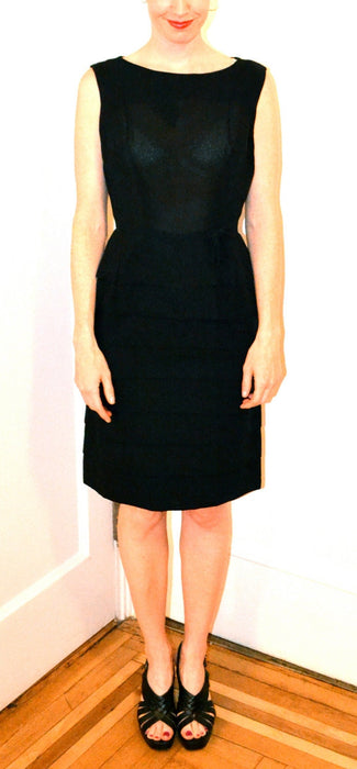 60s Vintage Little Black Dress Size Medium// 60s Vintage Pleated Dress Size Medium// Vintage Black Party Sleeveless Sheath Dress