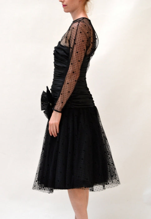 Vintage Black Dress Medium Crinoline Skirt Polka Dot // 80s 90s Black 80s Prom Dress Illusion Dress // Black Party Prom Dress Medium Large