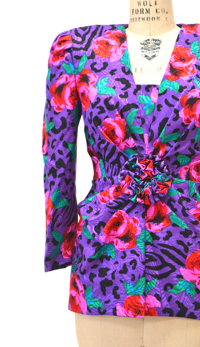 80s 90s Silk Animal Print Floral Print Shirt Purple Pink 80s 90s glam Silk Jacket Shirt Blouse Small Medium Floral Zebra Animal Print Blazer
