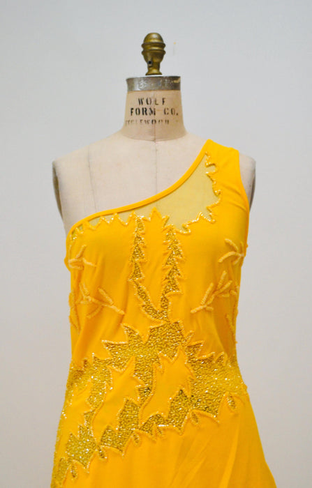 Vintage 00s Y2K Tank Dress Knit Beaded Yellow Sheer Dress Large XL// Yellow Beaded Dress Salsa Sexy One shoulder Asymmetrical Club Dress XL