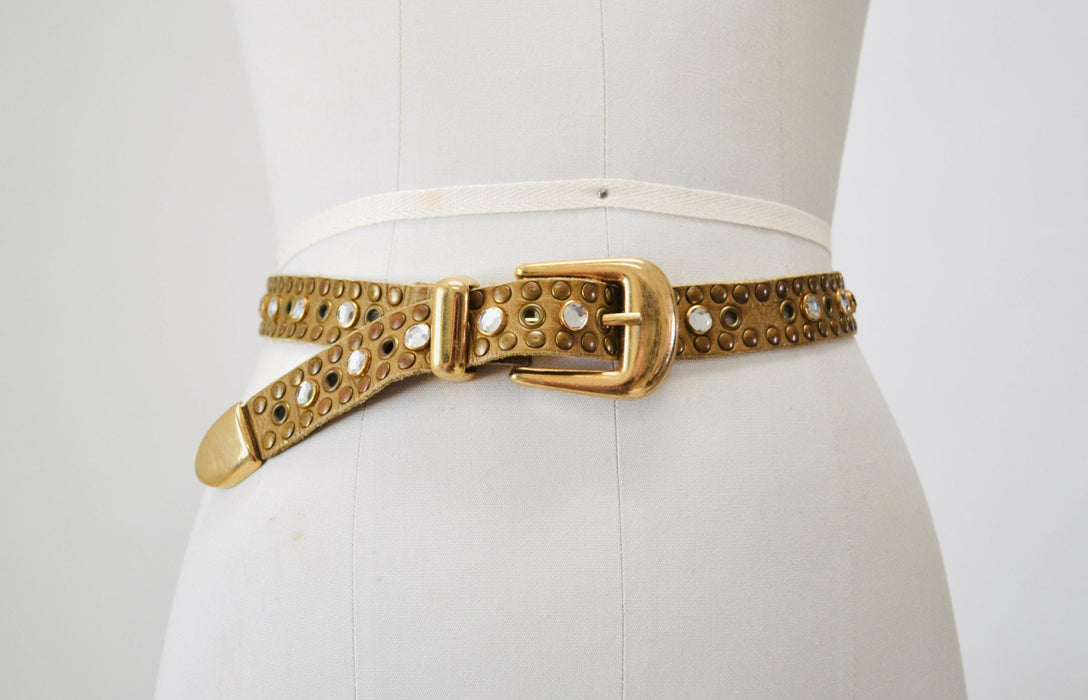 90s 2000s Vintage Gold Rhinestone Belt Brown Leather Gold Rhinestone Belt Small 29" Rhinestone Studded leather Belt