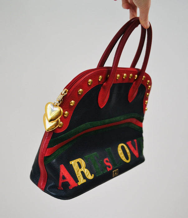 90s Vintage Moschino Bag Tote Black Leather Red Heart Moschino Purse Bag Black Leather 90s Love heart ART IS LOVE Studded Leather Bag