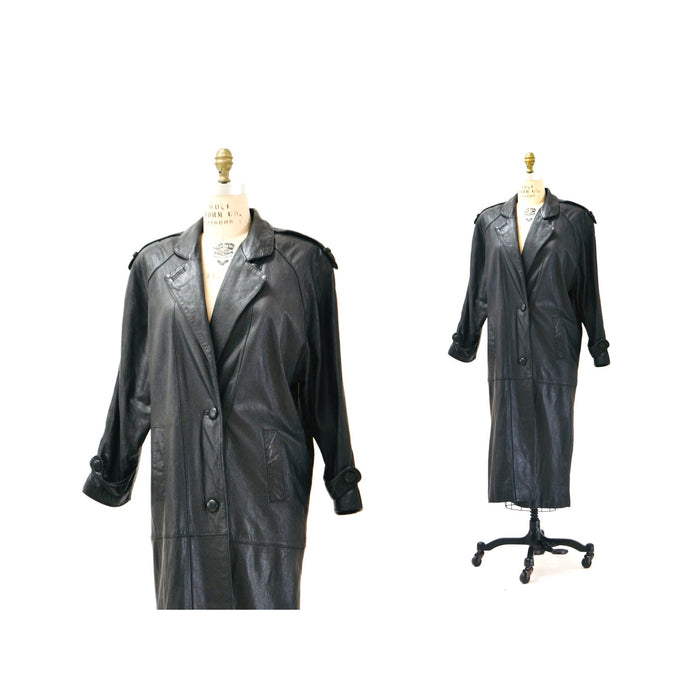 80s 90s Gorgeous Vintage Black Leather Jacket Trench Coat Long Black Leather Jacket Small Medium // Vintage Black Leather Trench Coat Jacket