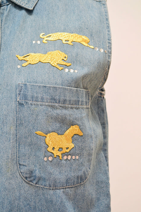 80s 90s Vintage Denim Tank Top Gold Animal Patches and Rhinestones Size Small Medium Metallic Denim Jean Denim Shirt Top 80s 90s Glam