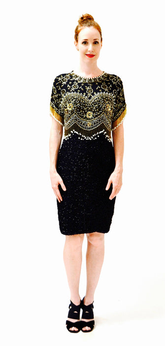 VIntage Black Sequin Dress Beaded Fringe Dress Medium Large// Black Beaded Fringe Dress Flapper Inspired Silk Dress Gold silver Pearls Dress