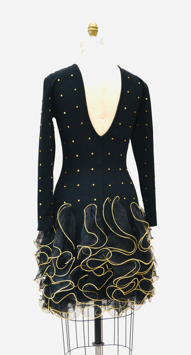 80s 90s Vintage Black Dress Long Sleeve Knit Ruffle Studded Dress XS Small// Black Knit Studded Dress By Lillie Rubin Long Sleeve XS Small