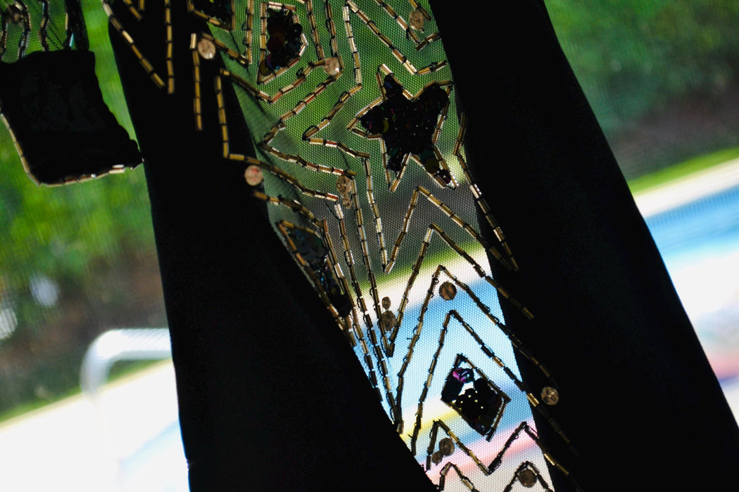 80s 90s Vintage BOB MACKIE Dress Black Star Beaded Metallic Halter Neck// Black Sexy Halter Mini Dress Small Medium Bob Mackie Cher