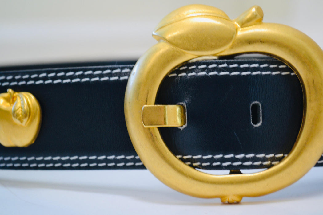 80s 90s Vintage ESCADA Apple Belt Gold Metallic Navy Blue Leather Belt size 40 Medium Large 80s Glam Navy Gold Belt Apple Fruit Teacher