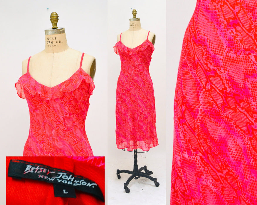 Vintage Betsy Jonhson Dress 00s Y2K Bias Cut Pink Red Dress Snake Print Chiffon Slip Dress Medium Large// 90s Pink Snake Print Tank Dress