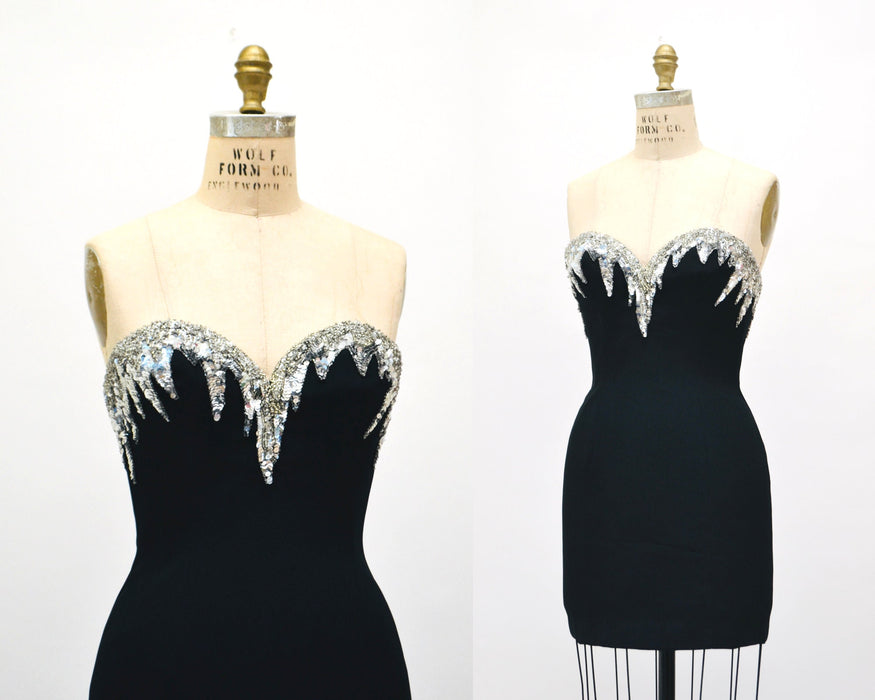 90s Vintage BOB MACKIE Dress Black Sequin Beaded Metallic Strapless Dress XS Small// Black Metallic Silver Sequin Dress Small Bob Mackie
