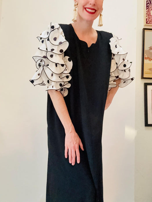 80s 90s Victor Costa Hostess Dress With Polka Dot Ruffle Sleeves// Vintage  Black Maxi Long House Dress Black White Polka Dot Medium Large