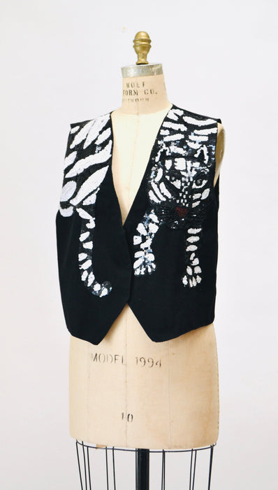 Vintage Black Sequin Vest Tiger Big Sequin Vest Cat Animal Ringmaster Circus Vest Top// Vintage Metallic Sequin Vest TIGER BLack White