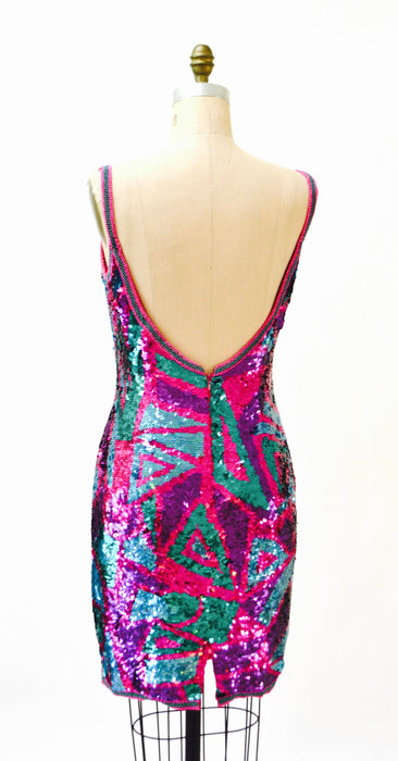 Vintage Sequin Dress Metallic Dress Pink Purple Sequin Dress XS Small // 90s Prom Dress Sequin Dress Sleeveless BodyCon Alyce Designs