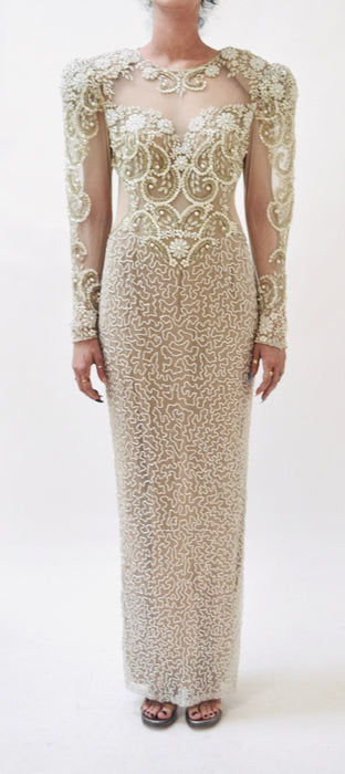 80s 90s Vintage White Beaded Gown Dress Small Medium Lillie Rubin // Vintage Wedding Gown White Sheer Beaded Long Dress Sleeves Pageant