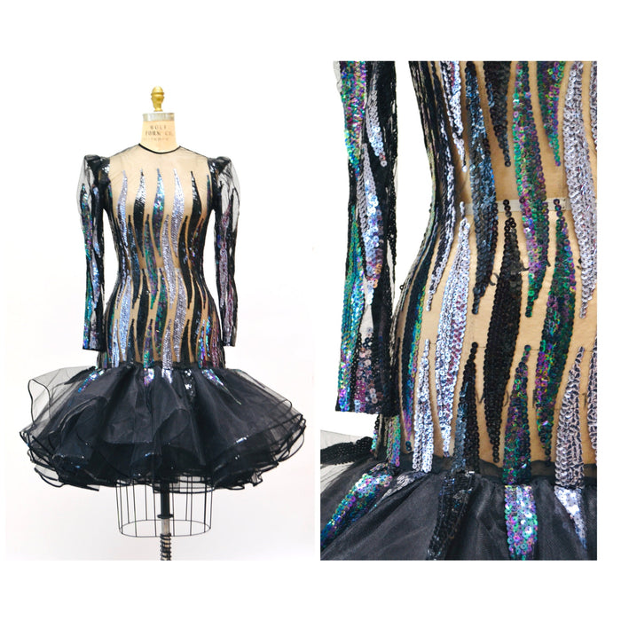 Vintage 80s Black Sheer Sequin Dress by Victor Costa Small// 80s Black Metallic Sequin Prom Party Dynasty Dress Long Sleeve Ruffle Skirt