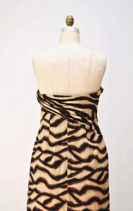 2000s y2k Vintage Bob Mackie Gown Dress Zebra Animal Print Beaded Dress Strapless Silk Evening Gown Small Medium Bob Mackie Pageant Dress