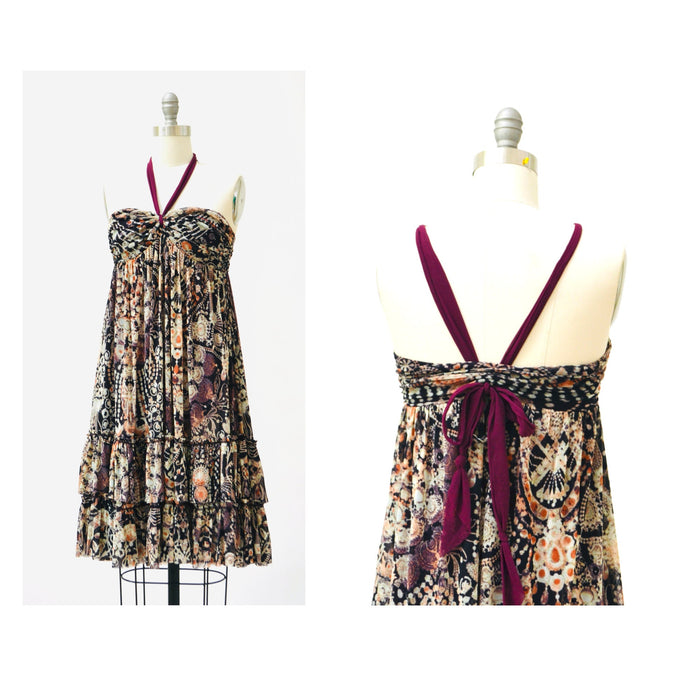 RARE 90s 00s Vintage Jean Paul Gaultier Soleil Sleeveless Mesh Dress Small Made in Italy Halter Neck Jewelry Jewel Print Babydoll Dress