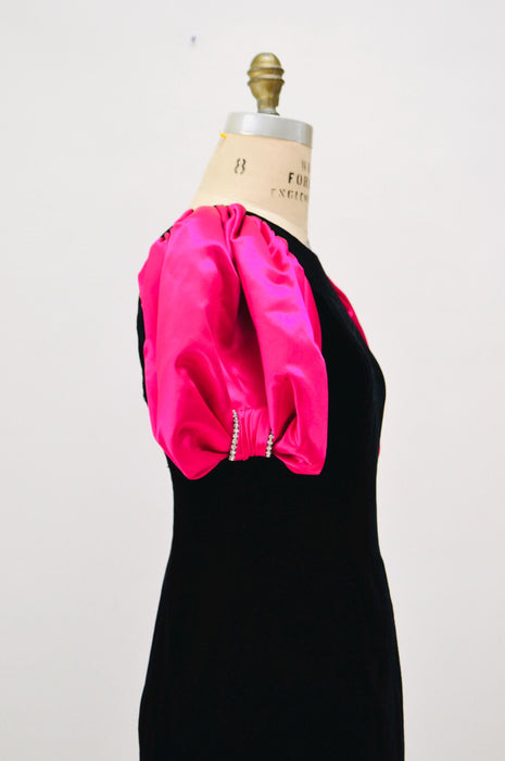 Vintage Black Pink 80s Prom Party Dress // Vintage 80s Party Pink Barbie Costume Dress Small Medium Black Velvet Pink Poof Sleeve Dress