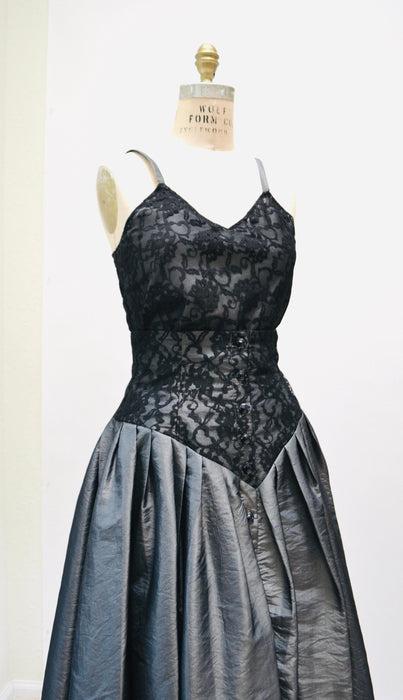 Vintage 80s 90s Black Grey lace Crinoline Skirt and Top Small Medium 80s Prom Madonna Dress// 80s Grey Taffeta Lace Party Dress Skirt Top