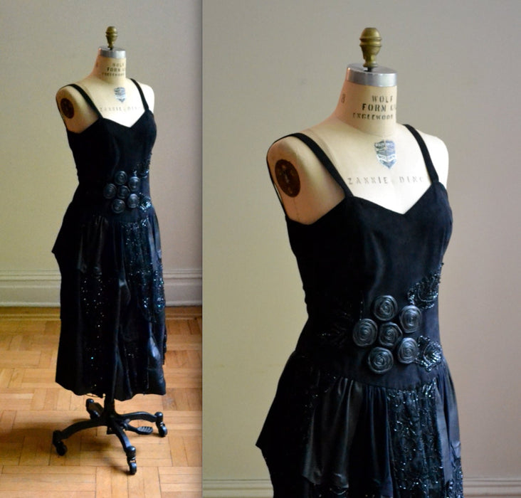 90s Black Leather Dress Ruffles Sleeveless Black Leather Suede Tank Dress Small// 90s Leather Lace Dress Small by Judith Ann Creations