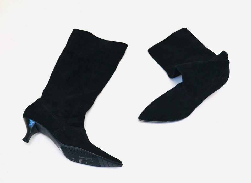 90s Y2K 00s Vintage Black Leather Boots Size 7 1/2 High Heel Pointed Toe Kitten Heel// Vintage Size 7 1/2 Black Leather Boots Franco Sarto