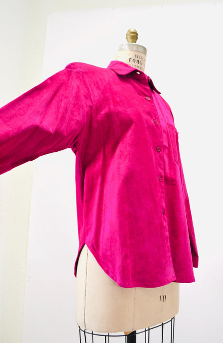 Vintage 90s Bright Pink Leather Shirt Button Down Sueded Leather Shirt Long Sleeve Top Leather Blouse Top Large 90s Pink Fuchsia Suede Shirt