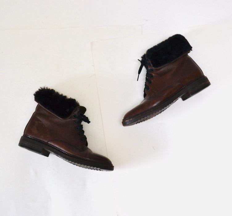 Vintage Brown Fur lined Leather Boots Size 36 6 By Tanino Crisci // Vintage 80s Brown Lace up Shearling Fur Boots 36 5 1/2 6 Made in Italy