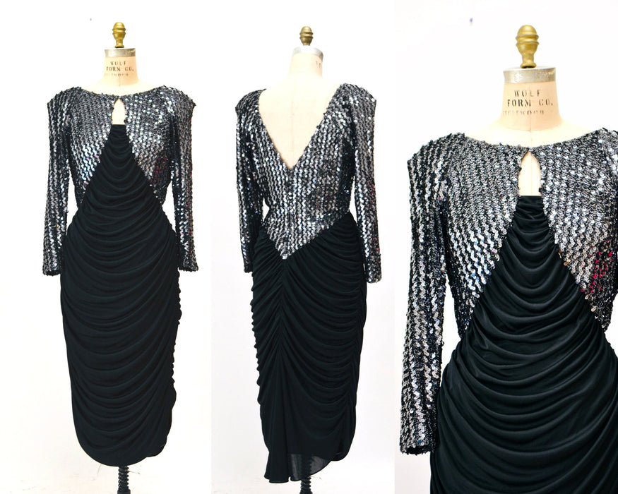 70s 80s Vintage Black Stretch Disco Sequin Dress Medium// 70s 80s Black Metallic Sequin Sexy Knit Dress 70s Disco Party Body Con Dress