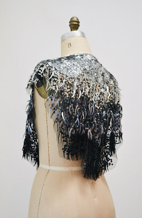 Vintage Silver Black Beaded Fringe Shawl Wrap Burlesque Wedding Flapper Silver Wedding Metallic Beaded Vintage Fringe Colla Shawl Sharmark
