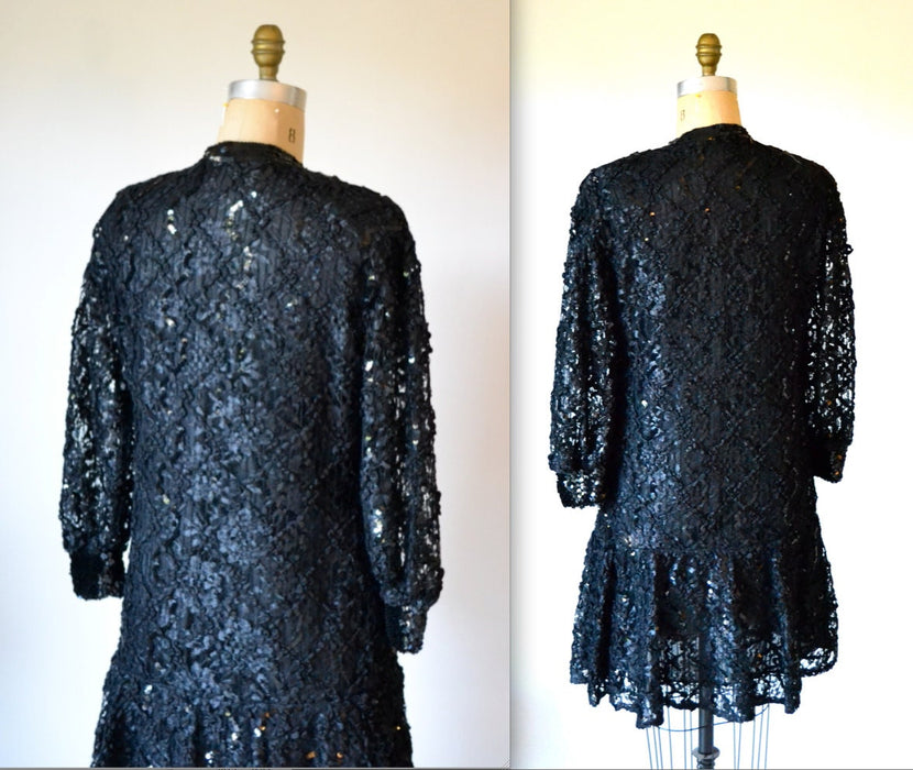80s Vintage Black Dress Lace Sequin Dress Damianou SIze Medium Large// 80s does 20s Flapper Dress Size Large Black Party Dress Size Large