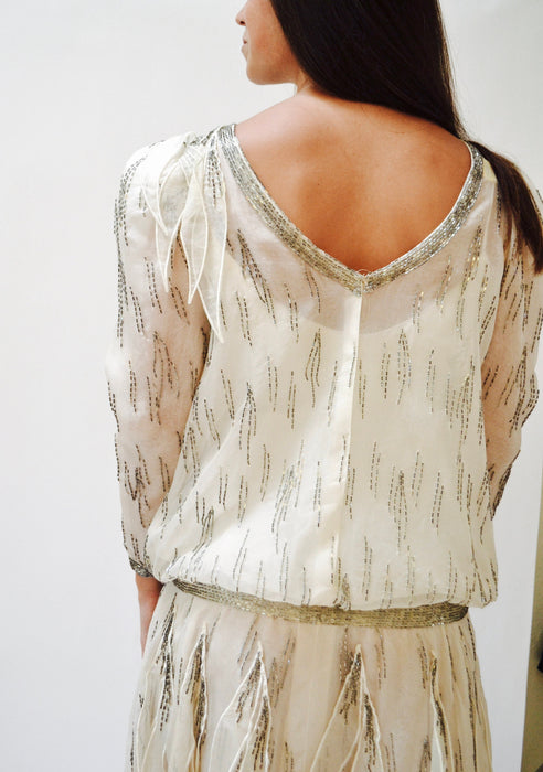 80s does 20s Vintage Beaded Dress Silk Cream Off White Dress Small Medium Ruben Panis// 80s Vintage Beaded Dress Long Sleeve Flapper Dress