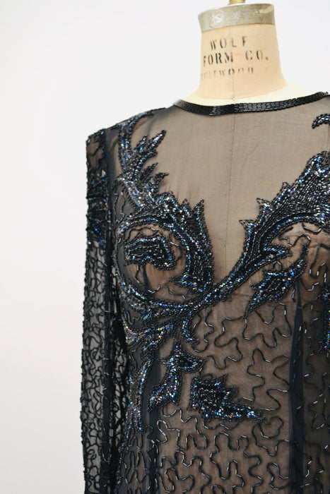 90s Vintage Black Beaded Sequin Party Dress Medium Large// 80s 90s Pageant Formal Black beaded Dress long sleeves Large Silk LIllie Rubin