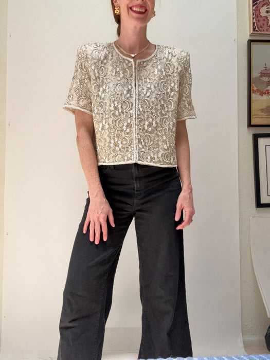 Vintage Cream White Lace Beaded Shirt Jacket Top Medium Large Cream White Lace Wedding Top Jacket// Vintage Summer Wedding Lace Jacket Large