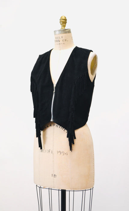 80s 90s Vintage Black Leather Fringe Vest Black Fringe leather Vest Cowboy Cowgirl Rodeo Biker Festival Vest Large Black Leather Vest