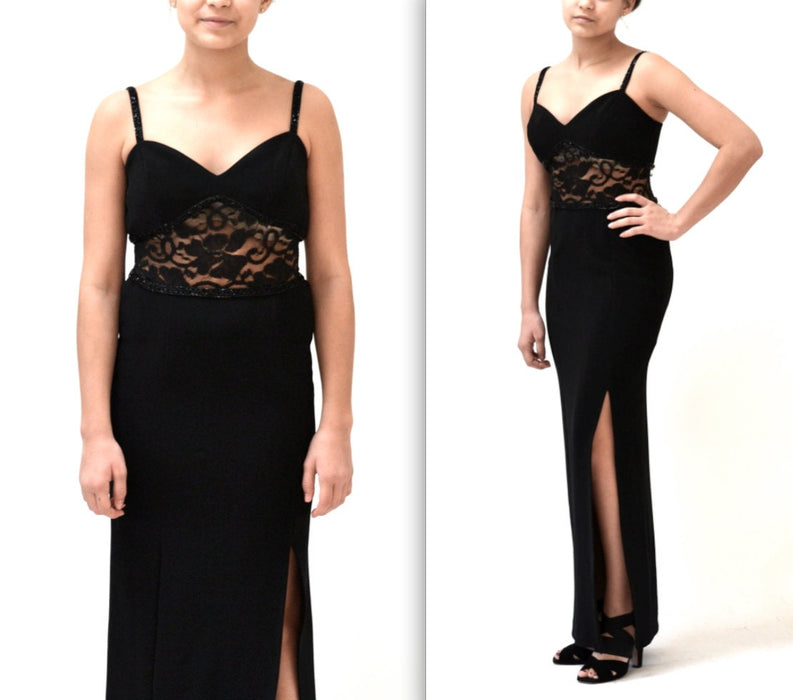 90s Vintage Black Prom Dress Evening Gown Size Small by Susan Roselli// Black 90s Illusion Long Black Dress Small Lace Beaded Body Con